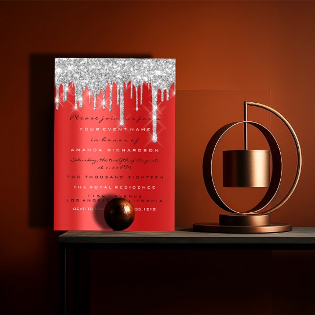 Spark Glitter Drip Silver Red Grey  Bridal 16th Invitation (Spark Glitter Drip Silver Red Gray Bridal 16th Invitation)