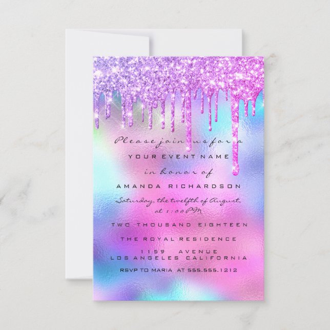 Spark Glitter Drip Silver Unicorn Pink  Bride 16th Invitation (Front)
