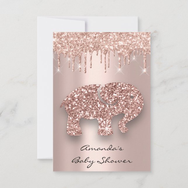 Spark Glitter Drips Rose Baby Shower Elephant Invitation (Back)