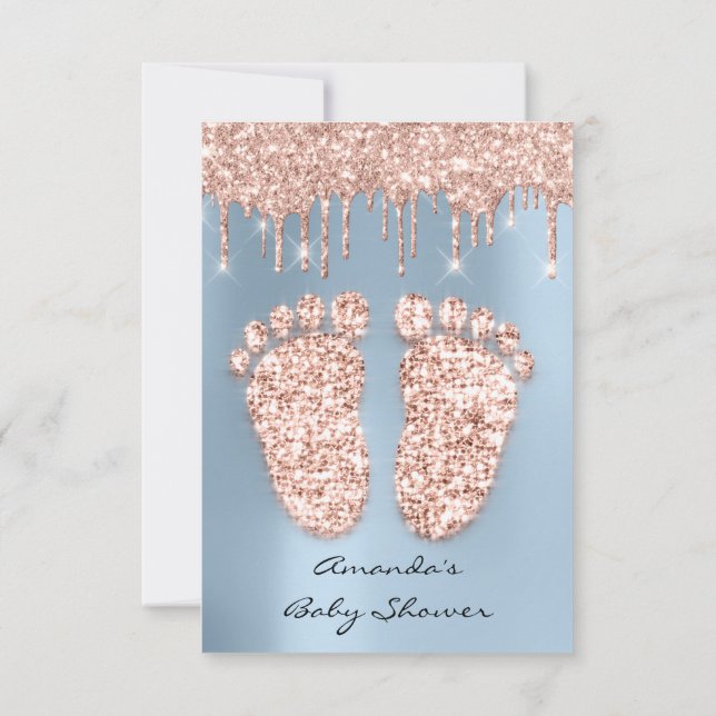 Spark Glitter Drips Rose Blue  Baby Shower Feet Invitation (Back)
