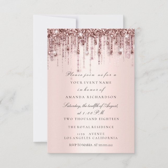 Spark Glitter Drips Rose Bridal Shower Swert16th Invitation (Front)