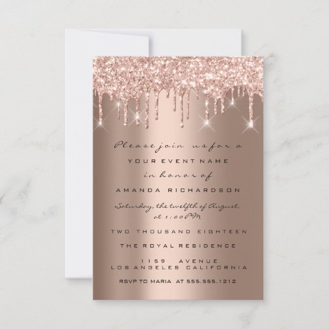Spark Glitter Drips Rose Gold  Bridal Sweet 16th Invitation (Front)