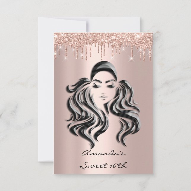 Spark Glitter Drips Rose Gold  Sweet 16th 15th Lux Invitation (Back)