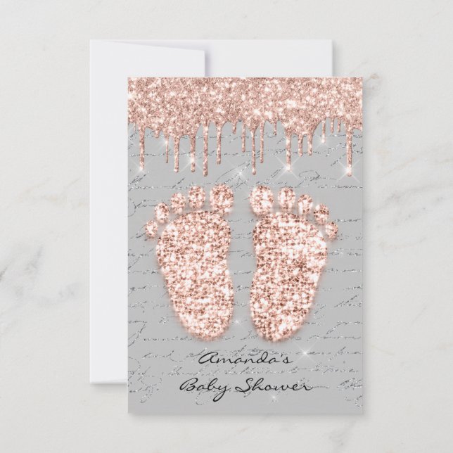 Spark Glitter Drips Rose Grey  Baby Shower Feet Invitation (Back)