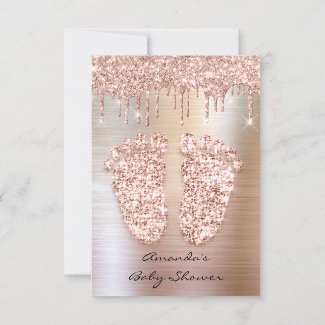 Spark Glitter Drips Rose Metallic Baby Shower Feet Invitation (Back)