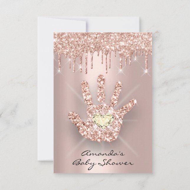 Spark Glitter Drips Rose New Baby Shower Hand Invitation (Back)