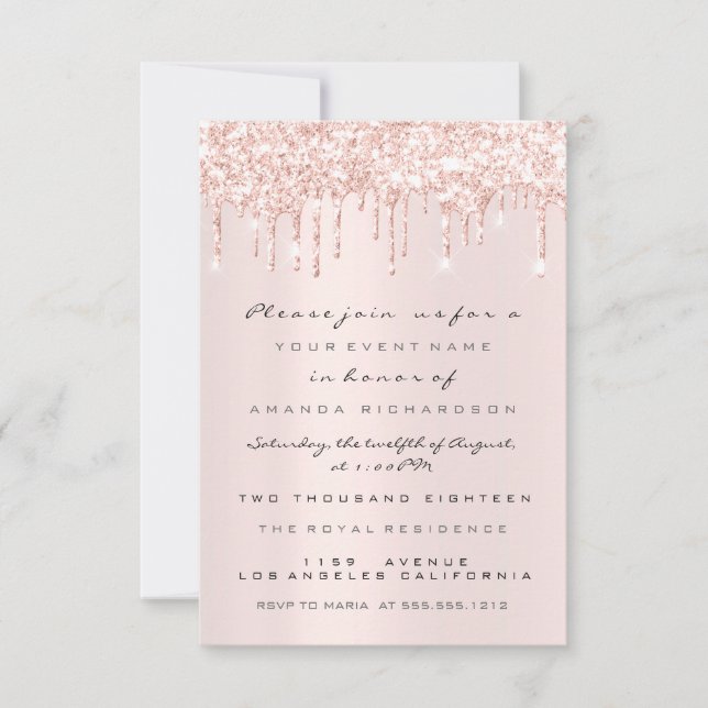 Spark Glitter Drips Rose Pink  Bridal Sweet 16th Invitation (Front)