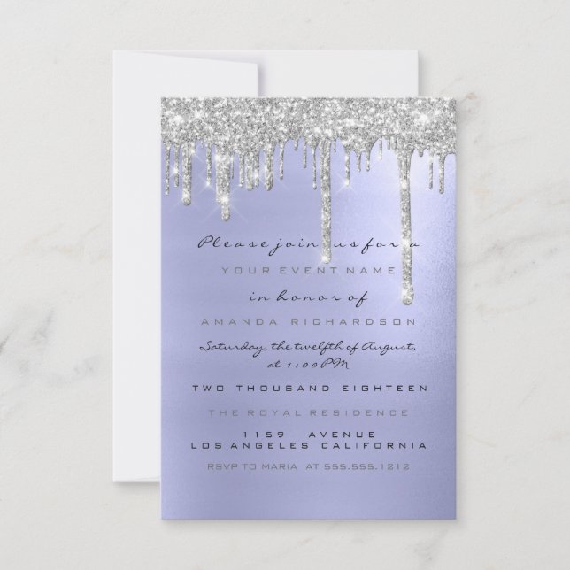 Spark Glitter Drips Silver Blue Bridal Sweet 16th Invitation (Front)