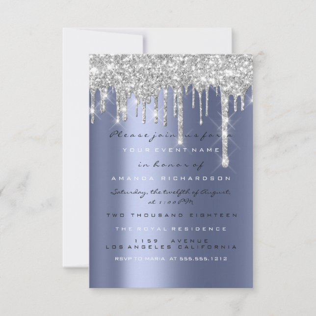 Spark Glitter Drips Silver Blue Navy  Bridal 16th Invitation (Front)