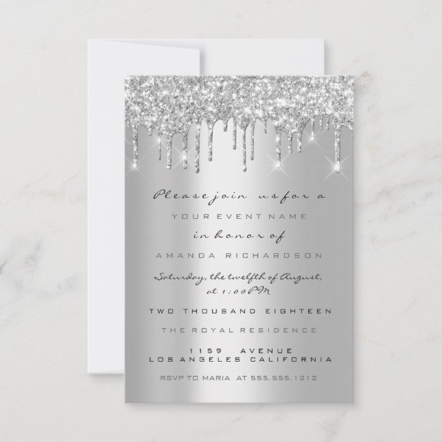 Spark Glitter Drips Silver Grey  Bridal Sweet 16th Invitation (Front)
