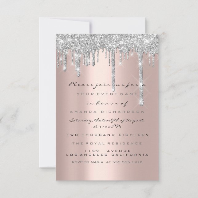 Spark Glitter Drips Silver Lux Bridal Sweet 16th Invitation (Front)