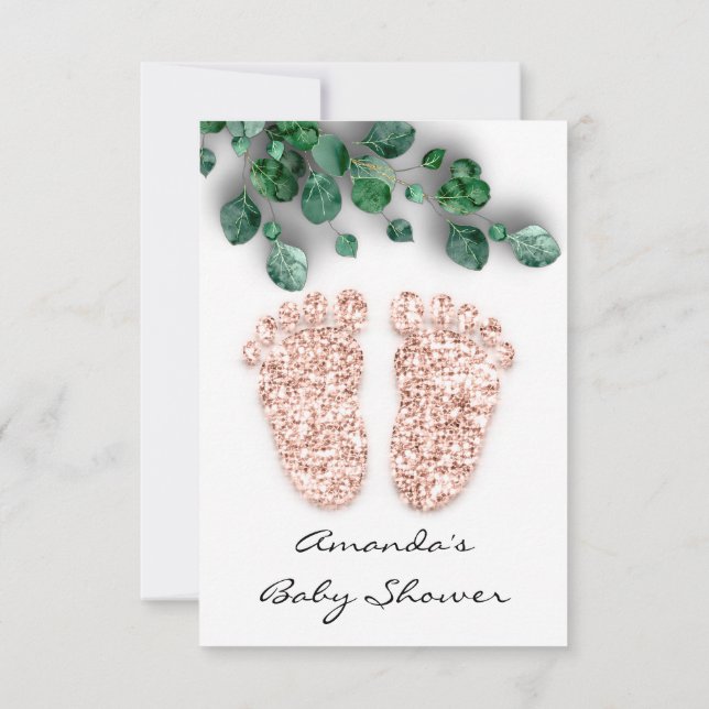 Spark Glitter White  Rose Green Baby Shower Feet Invitation (Back)