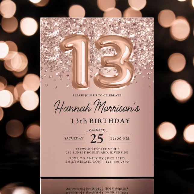 Sparkle 13th Birthday Rose Gold Balloons Party Invitation (Creator Uploaded)