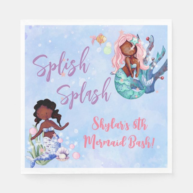 Sparkle African American Mermaid Bash Birthday   Napkin (Front)