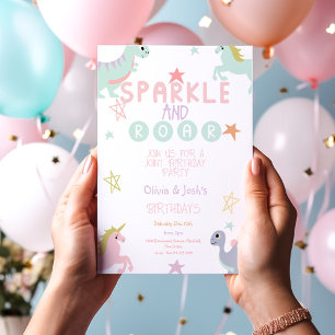 Sparkle and Roar Unicorn and Dinosaur  Invitation