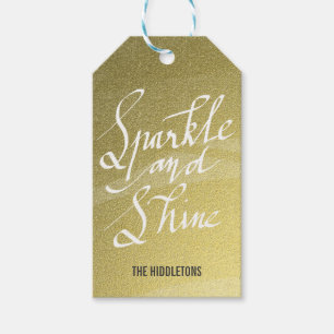 Sparkle And Shine Handwritten Script Gold Holiday Gift Tags