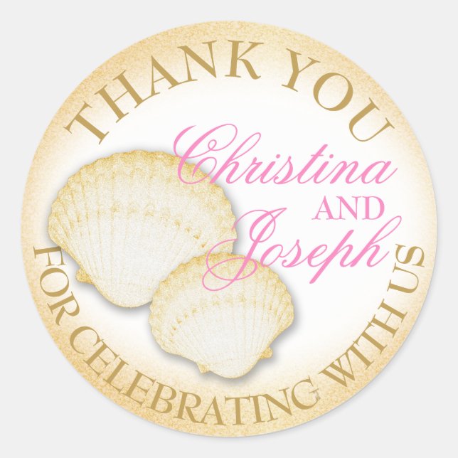 Sparkle Beach Seashells Thank You Classic Round Sticker (Front)
