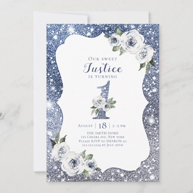 Sparkle blue glitter and floral 1st birthday invitation (Front)