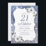 Sparkle blue glitter and floral 21st birthday invitation<br><div class="desc">Faux sparkle silver blue glitter "21 and fabulous" script with dusty blue and white floral,  elegant and stylish,  great 21st birthday party invitations.</div>