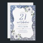 Sparkle blue glitter and floral 21st birthday invitation<br><div class="desc">Faux sparkle silver blue glitter "21 and fabulous" script with dusty blue and white floral,  elegant and stylish,  great 21st birthday party invitations.</div>