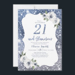 Sparkle blue glitter and floral 21st birthday invitation<br><div class="desc">Faux sparkle silver blue glitter "21 and Glamourous" script with dusty blue and white floral,  elegant and stylish,  great 21st birthday party invitations.</div>
