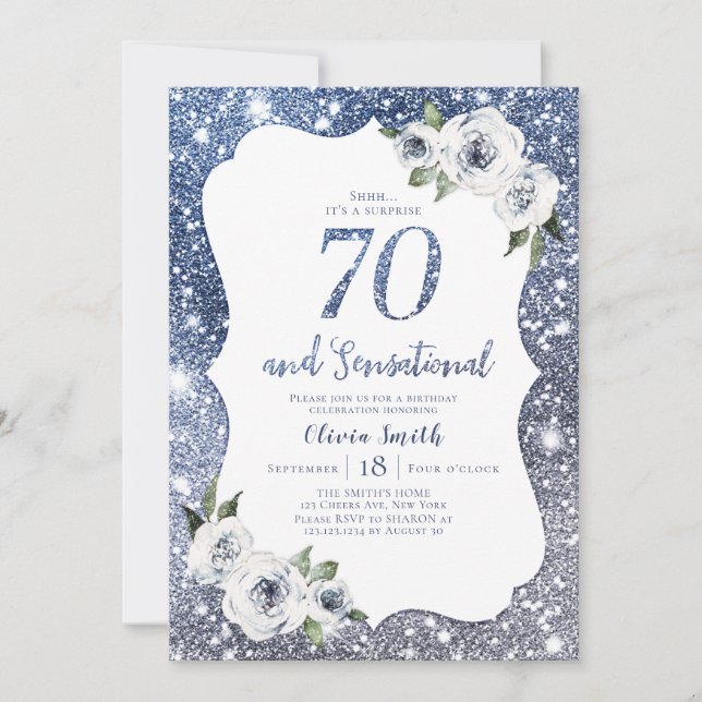 Sparkle blue glitter and floral 70th birthday invitation (Front)