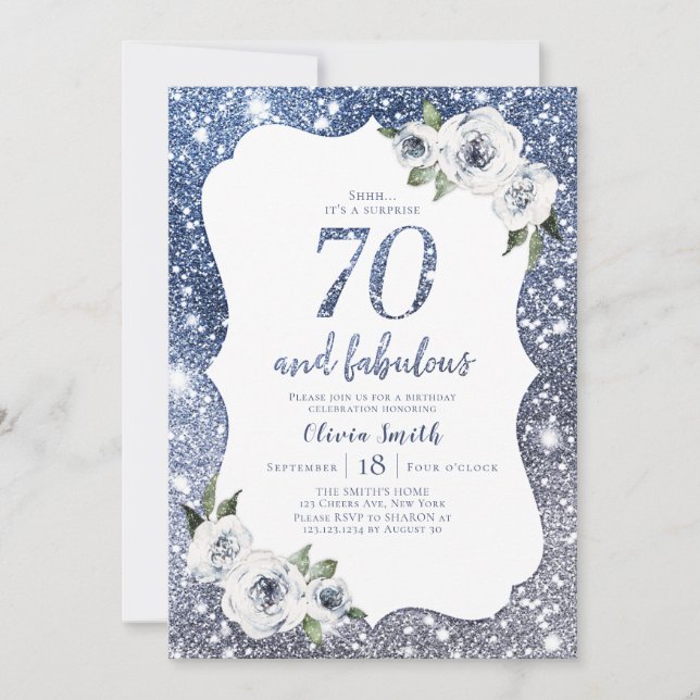 Sparkle blue glitter and floral 70th birthday invitation (Front)