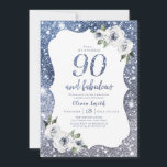 Sparkle blue glitter and floral 90th birthday invitation<br><div class="desc">Faux sparkle silver blue glitter "90 and fabulous" script with dusty blue and white floral,  elegant and stylish,  great 90th birthday party invitations.</div>
