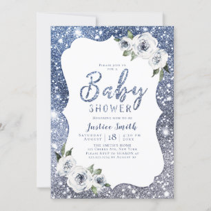 Sparkle blue glitter and floral baby shower invitation