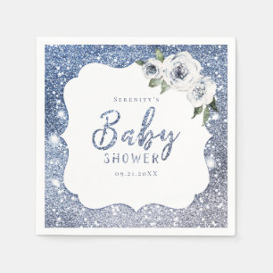 Sparkle blue glitter and floral baby shower napkin