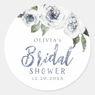 Sparkle blue glitter and floral bridal shower classic round sticker