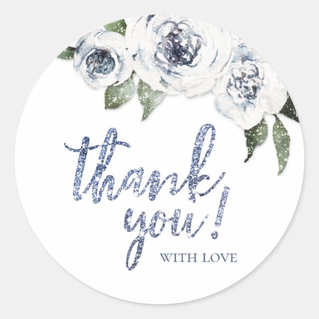 Sparkle blue glitter and floral thank you classic round sticker (Front)