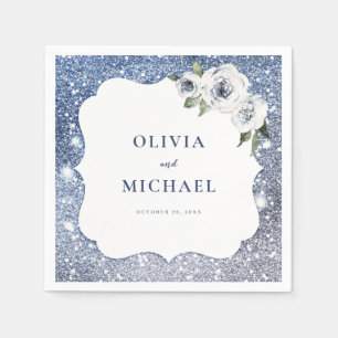 Sparkle blue glitter and floral wedding napkin