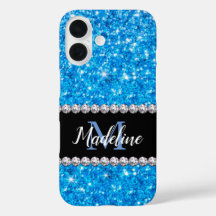 Sparkle Blue Glitter & Gems with Name and Monogram