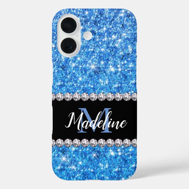 Sparkle Blue Glitter & Gems with Name and Monogram Case-Mate iPhone Case (Back)