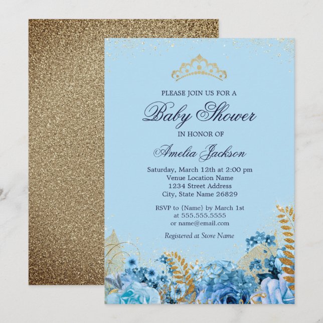 Sparkle Blue Gold Glitter Floral Baby Shower Invitation (Front/Back)