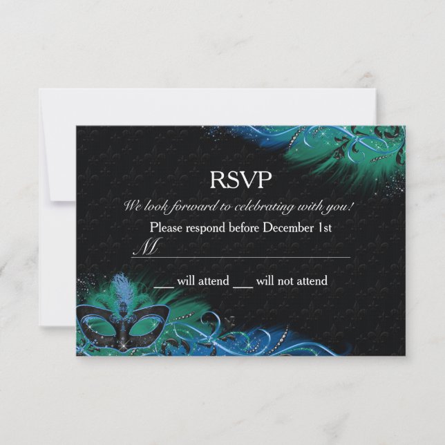 Sparkle Blue & Green Feather Mask Masquerade RSVP Invitation (Front)