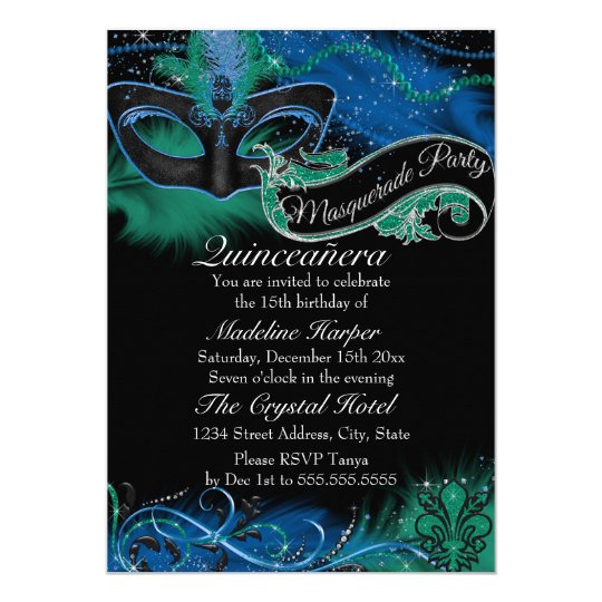 Sparkle Blue & Green Mask Masquerade Quinceanera Card