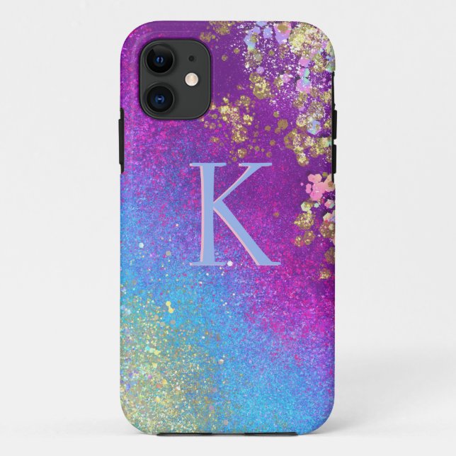 Sparkle Blue & Purple Glitter Monogram iPhone Case (Back)