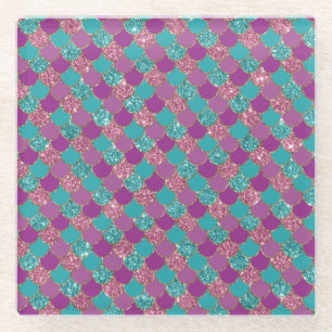 Sparkle Blue Purple Mermaid Tail Fish Scale Bright Glass Coaster