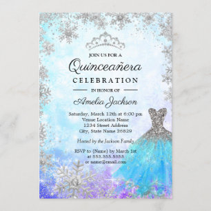 Sparkle Blue Purple Snowflakes Winter Quinceanera Invitation