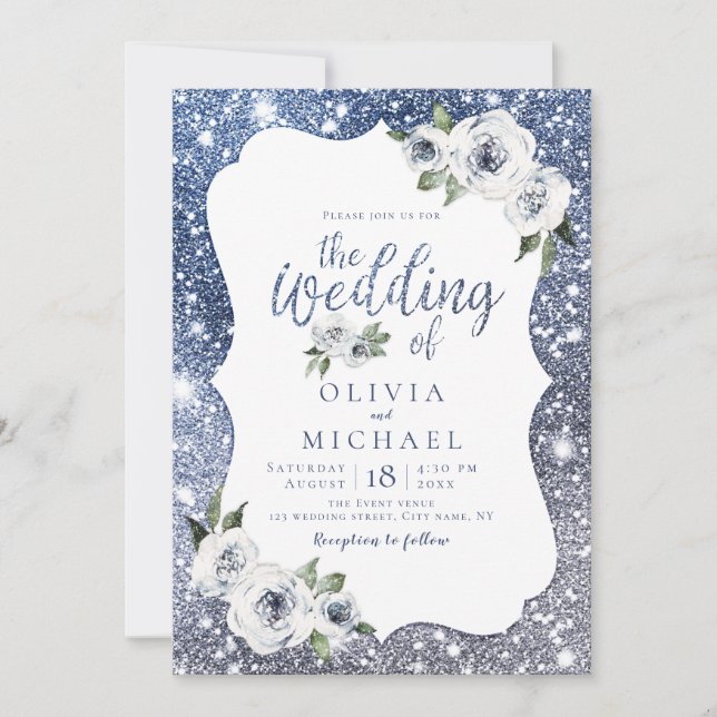 Sparkle blue silver glitter and floral wedding invitation (Front)