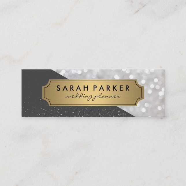 Sparkle Bokeh with Faux Metallic Gold Label Mini Business Card (Front)
