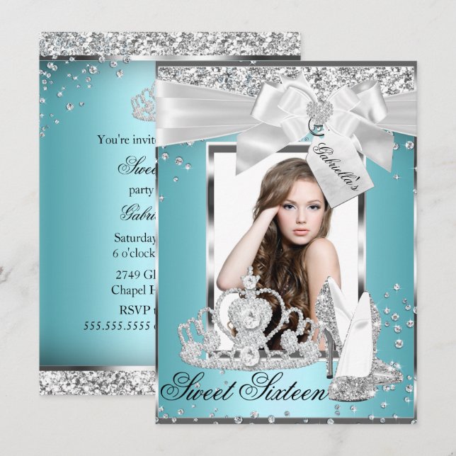 Sparkle Bow Tiara Photo Sweet 16 Invitation (Devant / Derrière)