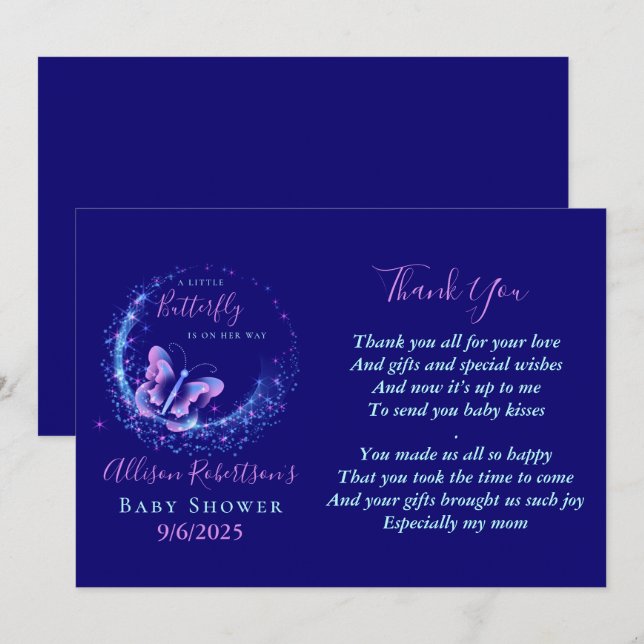Sparkle Butterfly Girl Baby Shower Thank You Card  (Front/Back)