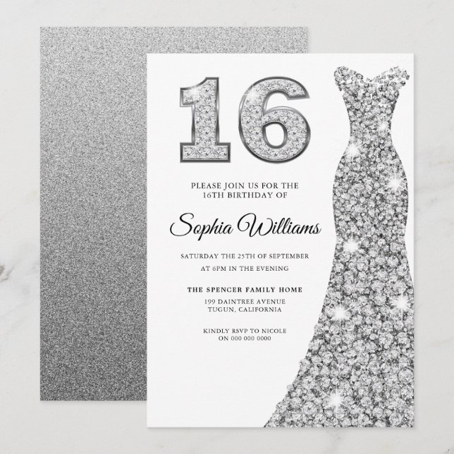 Sparkle Diamond Dress 16th Birthday Sweet 16 Invitation (Front/Back)