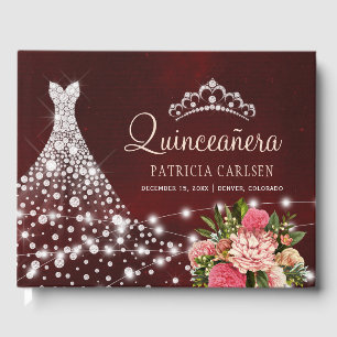 Sparkle diamond dress burgundy floral quinceanera guest book