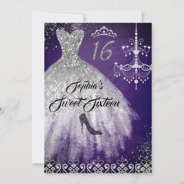 Sparkle Diamond Dress Purple Silver Sweet 16 Invitation (Front)