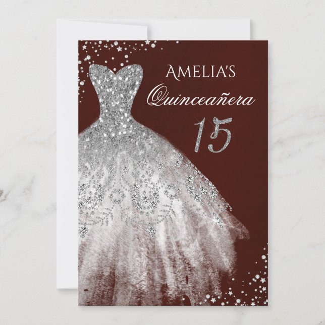 Sparkle Dress Burgundy Silver Quinceanera Invitation (Front)
