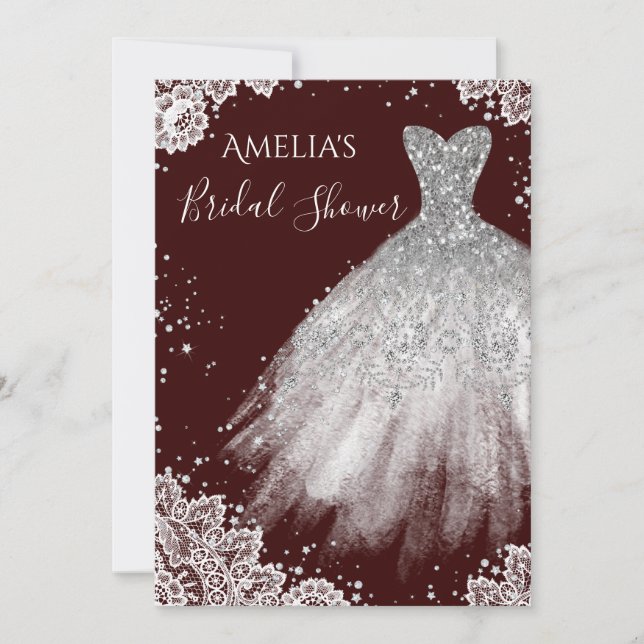 Sparkle Dress Burgundy White Lace Bridal Shower Invitation (Front)